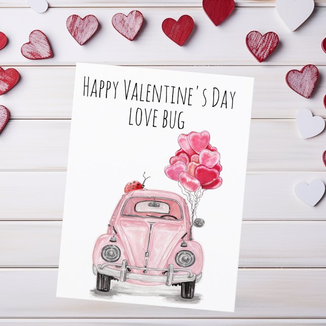 Cartão Postal De Festividades Happy Valentine's Day Love Bug Pink Car Balloons (Criador carregado)