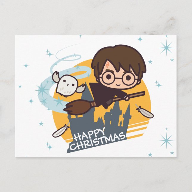Cartão Postal De Festividades Harry e Hedwig voando no Natal Passado (Frente)