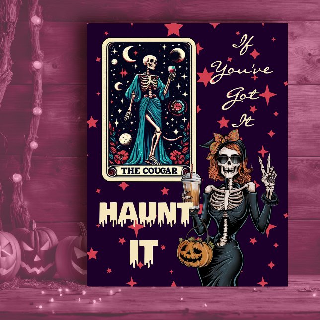 Cartão Postal De Festividades Haunt É Engraçado Cougar Halloween Skeleton (Criador carregado)