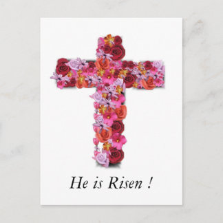 Cartão Postal De Festividades He is Risen Christian Easter Greeting Floral Cross