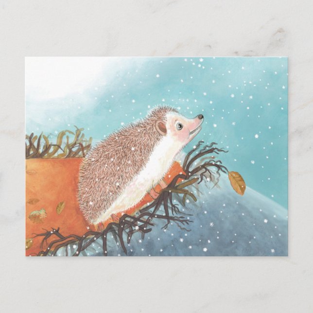 Cartão Postal De Festividades Hedgehog e primeiros flocos de neve (Frente)