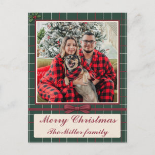 Cartão Postal De Festividades Heritage Natal Verde Xadrez Burgundy Laço Família