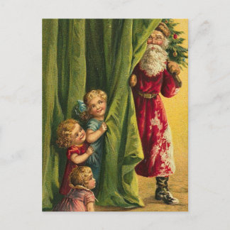 Cartão Postal De Festividades Hiding From Santa Red Coat Children Tree