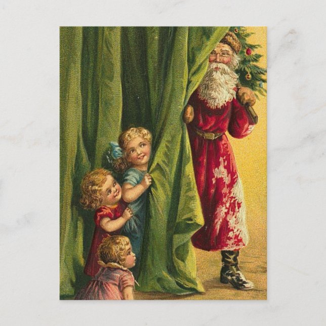 Cartão Postal De Festividades Hiding From Santa Red Coat Children Tree (Frente)