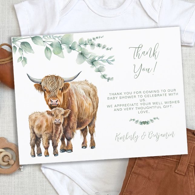 Cartão Postal De Festividades Highland Cow Greenerse Chá de fraldas Obrigado (Criador carregado)