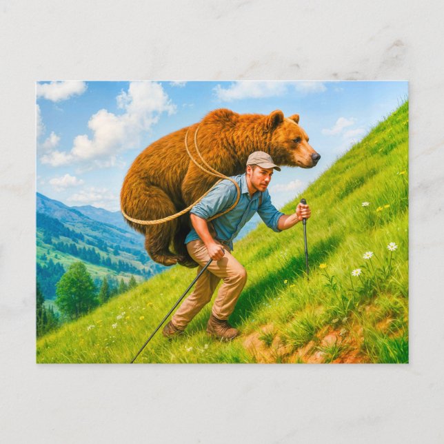 Cartão Postal De Festividades Hiker Carregar Urso acima de uma montanha (Frente)