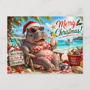 Cartão Postal De Festividades Hipopótamo Biquíni Natal Velejando