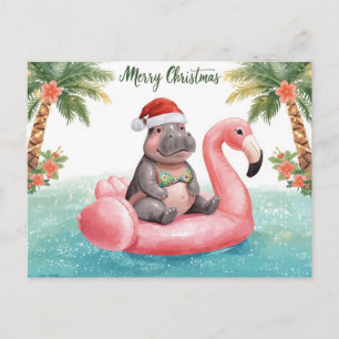 Cartão Postal De Festividades Hipopótamo de Biquíni na Festa de Natal na Piscina