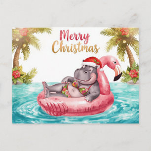 Cartão Postal De Festividades Hipopótamo de Biquíni na Festa de Natal na Piscina