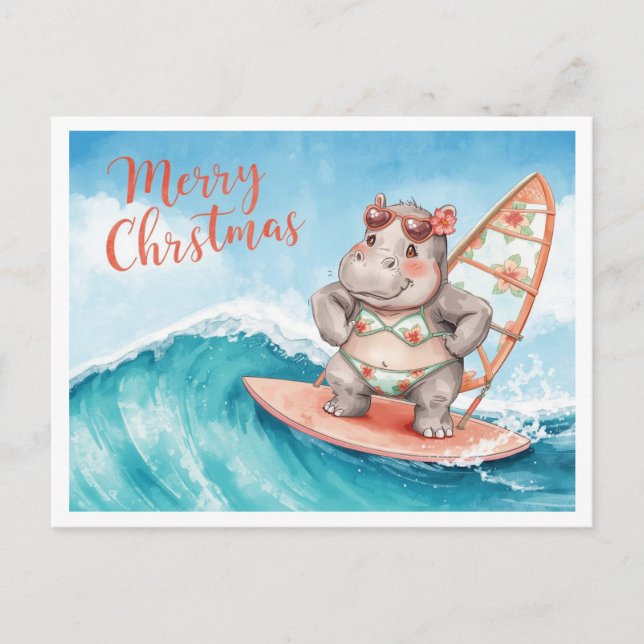 Cartão Postal De Festividades Hipopótamo Surfista em Prancha de Surfe nas Férias (Frente)