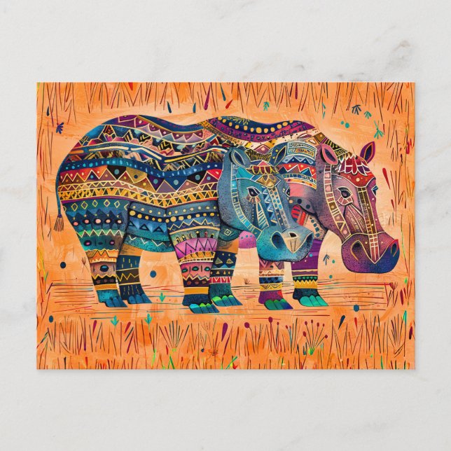 Cartão Postal De Festividades hipopótamos africanos com pintura tribal (Frente)