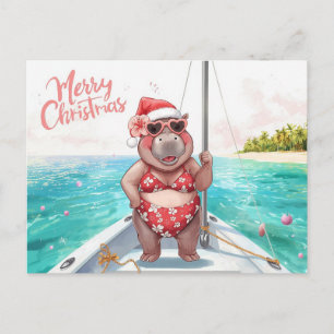 Cartão Postal De Festividades Hippo Biquíni Natal Velejando