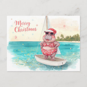 Cartão Postal De Festividades Hippo Biquíni Natal Velejando