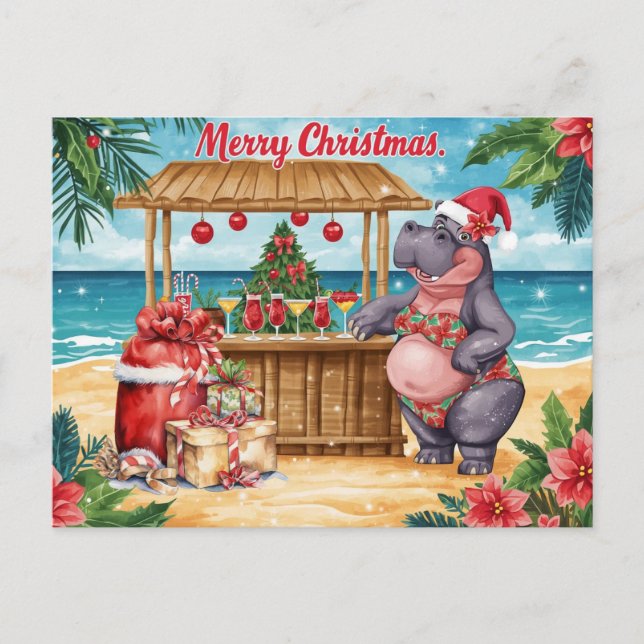 Cartão Postal De Festividades Hippo Christmas Cocktail Party Greeting Card  (Frente)