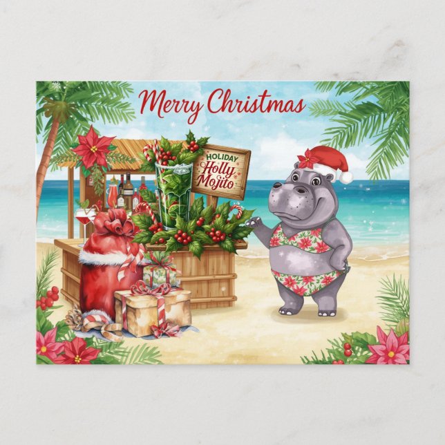 Cartão Postal De Festividades Hippo Christmas Cocktail Party Greeting Card  (Frente)