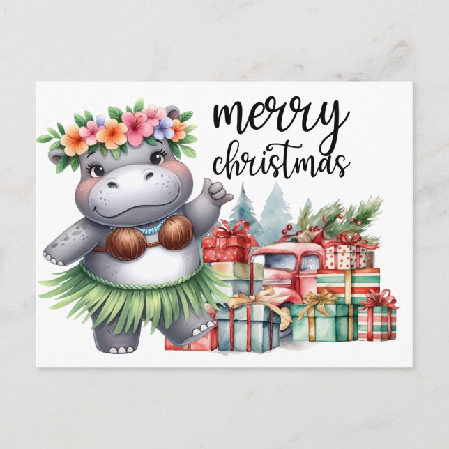 Cartão Postal De Festividades Hippo Natal Pensado para Amantes de os animais (Frente)