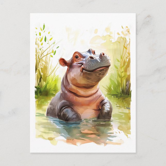 Cartão Postal De Festividades Hippo sorridente na Água (Frente)