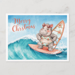 Cartão Postal De Festividades Hippo Surfer on Surf Board on Christmas Holiday 