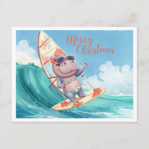 Cartão Postal De Festividades Hippo Surfista em Prancha de Surfe nas Férias de N