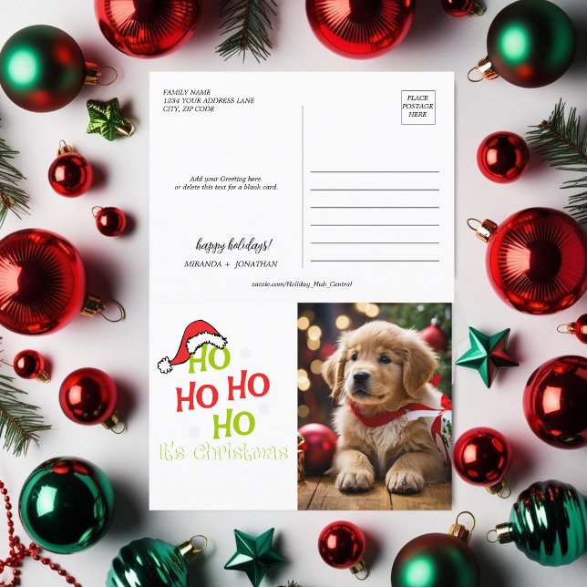 Cartão Postal De Festividades Ho Ho Seu Natal com o chapéu vermelho (Ho Ho Ho Its Christmas with red hat Photo Holiday Postcard)