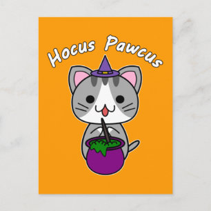 Cartão Postal De Festividades Hocus Pawcus - Cinza por Cat - Escrevendo Branco