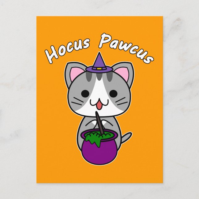 Cartão Postal De Festividades Hocus Pawcus - Cinza por Cat - Escrevendo Branco (Frente)