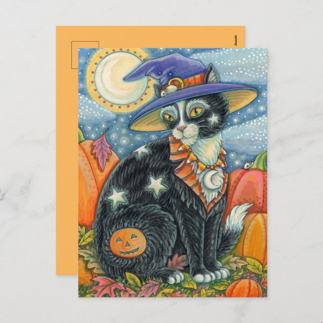 CARTÃO POSTAL DE FESTIVIDADES HOCUS POCUS BLACK CAT WITCH & MOUSE HALLOWEEN (Frente/Verso)