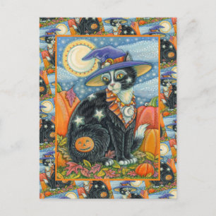 CARTÃO POSTAL DE FESTIVIDADES HOCUS POCUS GATO PRETO BRUXA & RATO HALLOWEEN