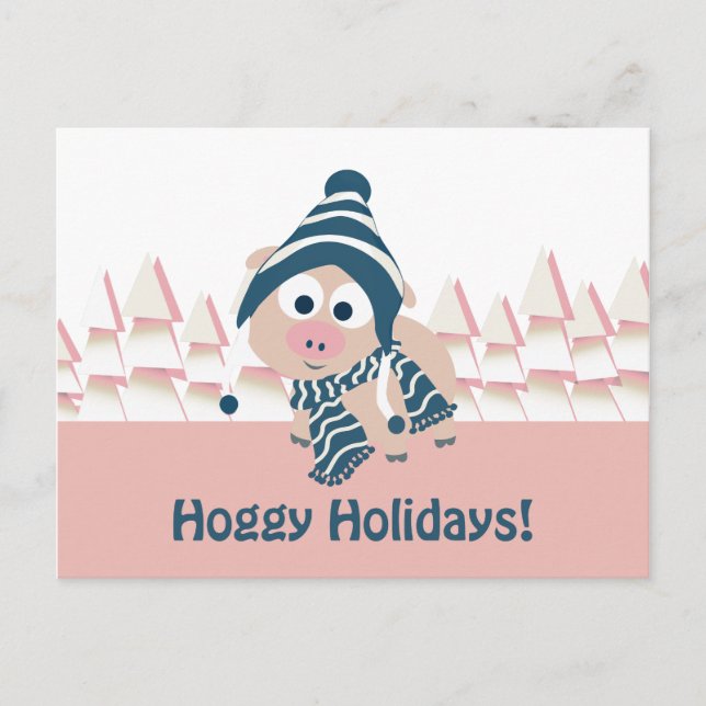 Cartão Postal De Festividades Hoggy Holidays! Cute Winter Pig (Frente)