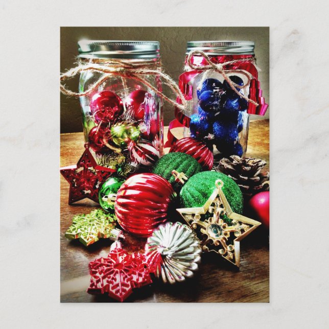 Cartão Postal De Festividades Holiday Christmas Ornaments Mason Jars Postcards (Frente)