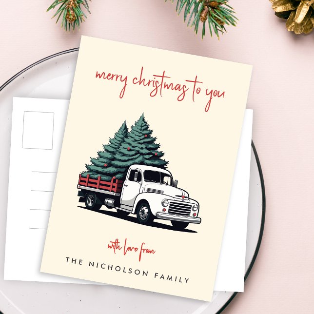 Cartão Postal De Festividades Holiday Postcard | Christmas Tree Delivery Truck (A vintage inspired delivery truck holiday postcard design with retro festive flair)