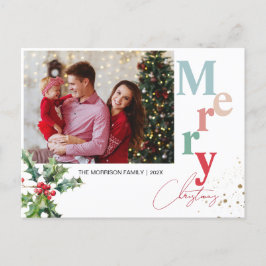 Cartão Postal De Festividades Holly Branch, uma foto da família, Natal