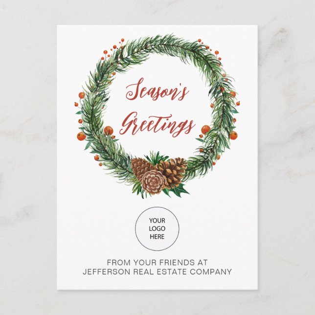 Cartão Postal De Festividades Holly Pine Wreath Company Logotipo comercial (Frente)