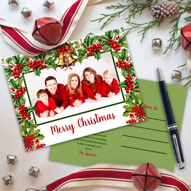 Cartão Postal De Festividades Holly Sai e Berries Feliz Foto de Natal (Criador carregado)