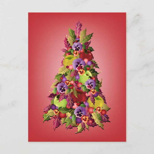 Cartão Postal De Festividades Holly Tree with Apples and Pansies Pink Christmas (Frente)