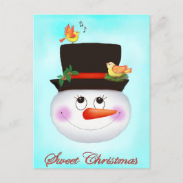 Cartão Postal De Festividades Homem de neve e aves