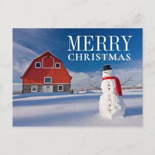 Cartão Postal De Festividades Homem de neve em frente a Vintage Red Barn