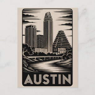 Cartão Postal De Festividades Horizonte de Austin Texas Preto Branco Xilogravura