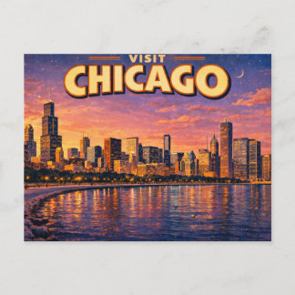 Cartão Postal De Festividades Horizonte de Chicago e Lago Michigan ao anoitecer