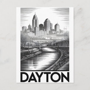 Cartão Postal De Festividades Horizonte de Dayton Ohio Preto Branco Xilogravura