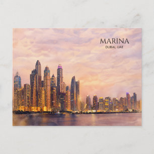 Cartão Postal De Festividades Horizonte de Dubai Marina Aquarela Luzes da Cidade