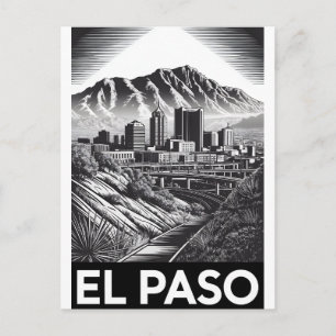 Cartão Postal De Festividades Horizonte de El Paso Texas Preto e Branco Xilograv
