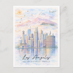 Cartão Postal De Festividades Horizonte de Los Angeles em Aquarela Viagem para