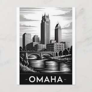 Cartão Postal De Festividades Horizonte de Omaha Nebraska Preto Branco Xilogravu