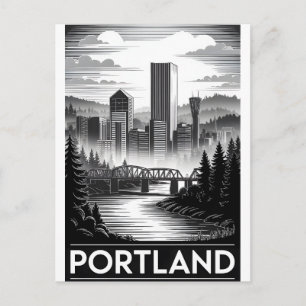 Cartão Postal De Festividades Horizonte de Portland Oregon Preto e Branco Xilogr