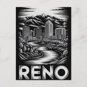 Cartão Postal De Festividades Horizonte de Reno Nevada Preto Branco Xilogravura