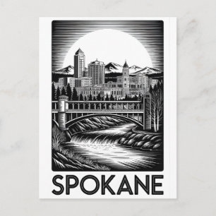 Cartão Postal De Festividades Horizonte de Spokane Washington Preto Branco Xilog