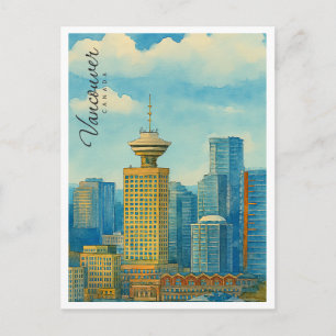 Cartão Postal De Festividades Horizonte de Vancouver Canadá Aquarela Vintage