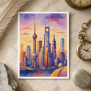Cartão Postal De Festividades Horizonte de Xangai Viagem à China Aquarela