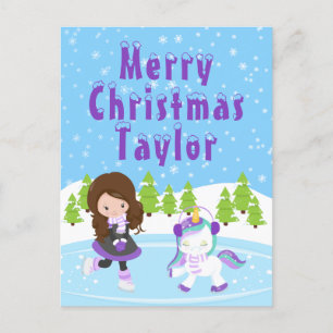 Cartão Postal De Festividades Ice Skating Brown Hair Girl Feliz Natal Holida